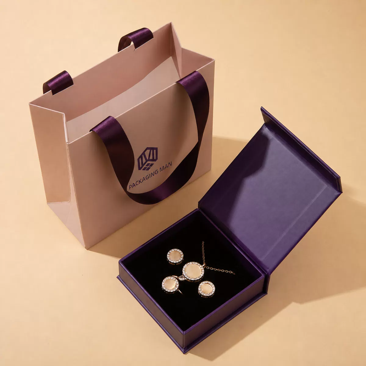 Purple gift box and matching paper bag