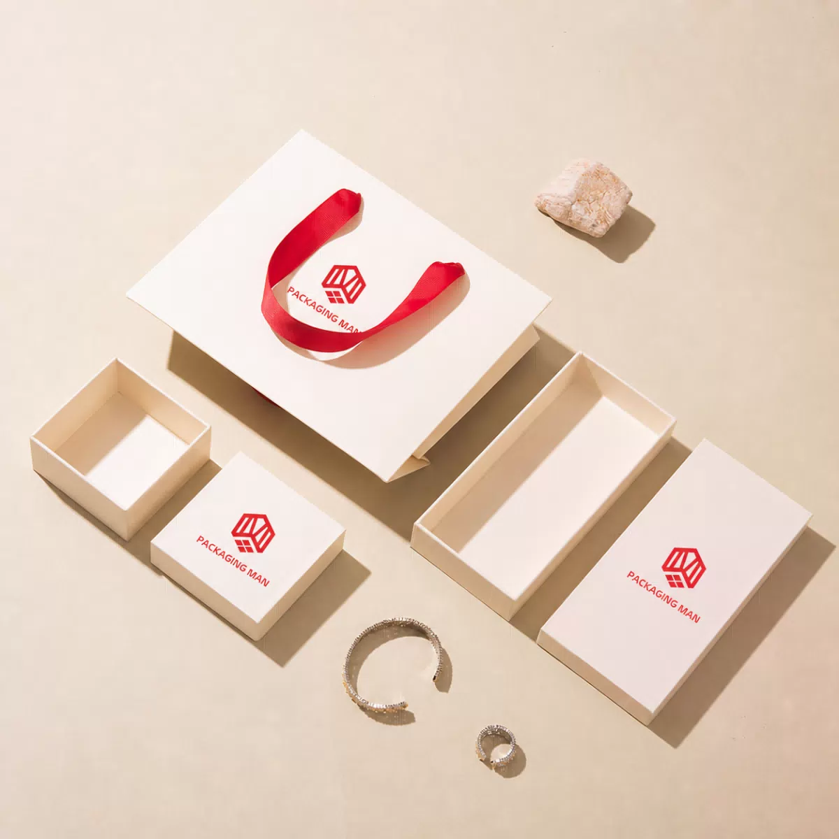 White rigid gift boxes and paper bag set