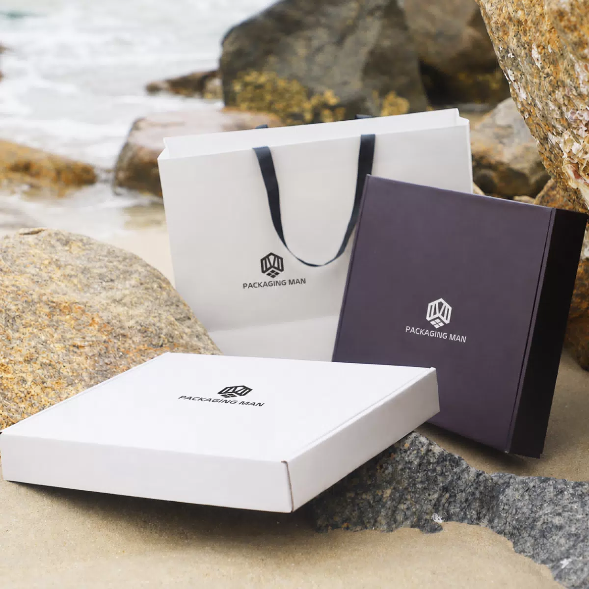 White and purple gift boxes with paper bag