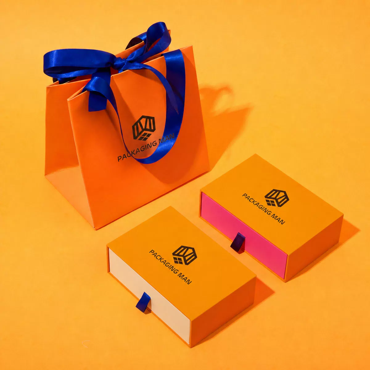 Orange drawer gift box and paper bag set