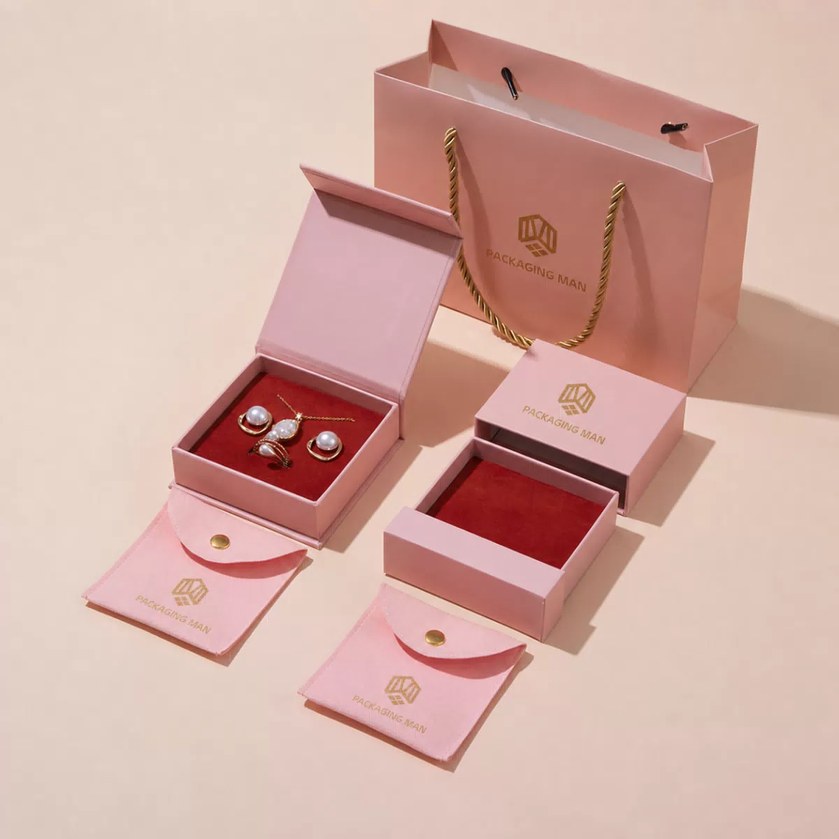 Pink rigid gift box and paper bag set