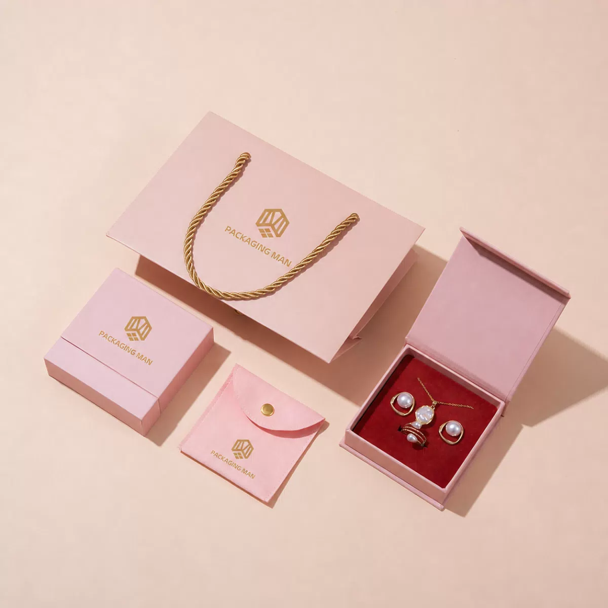 Pink custom packaging set with open box