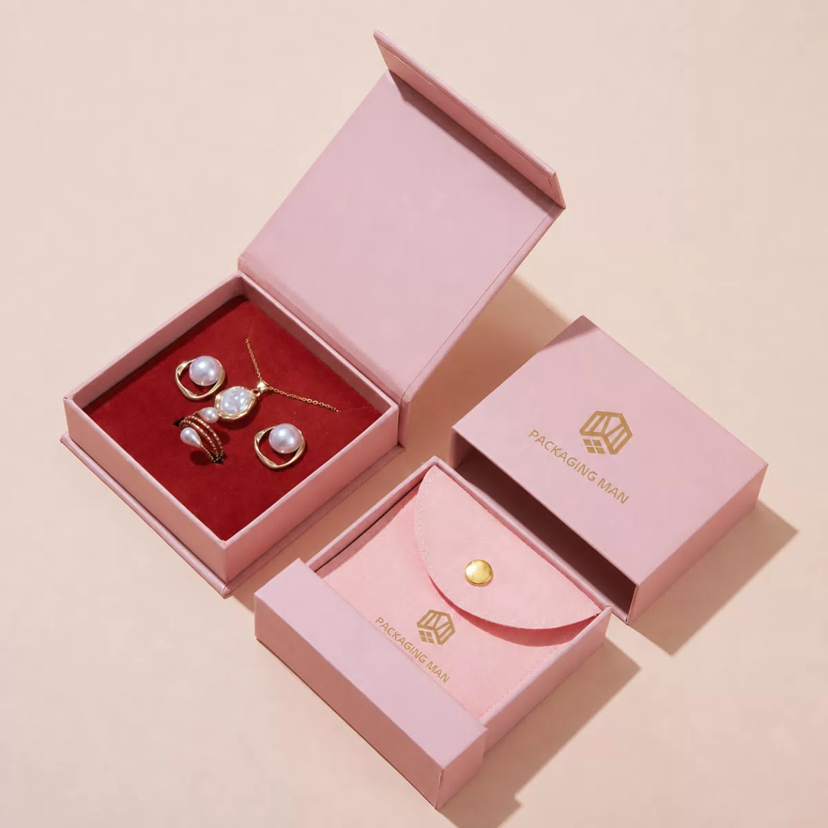 Pink gift box with red velvet insert detail