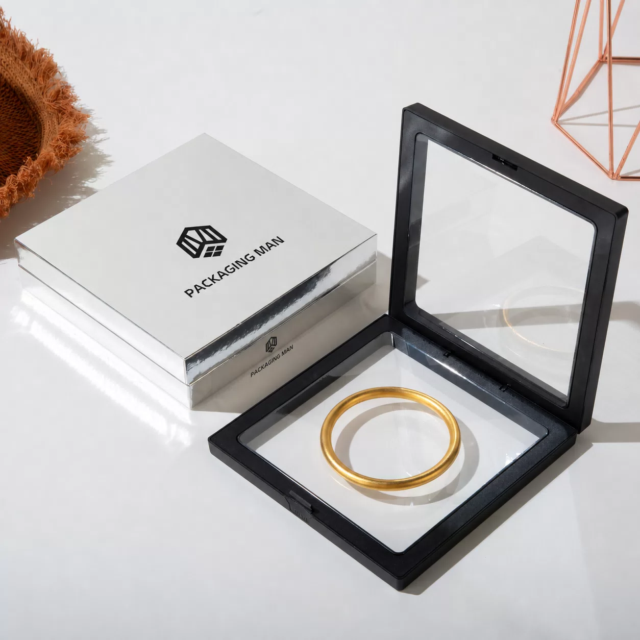Open black floating display box packaging