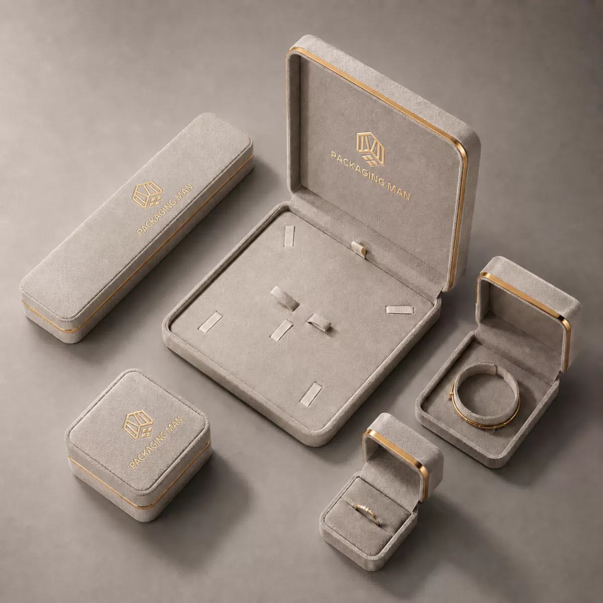 Open grey gift box set with internal inserts
