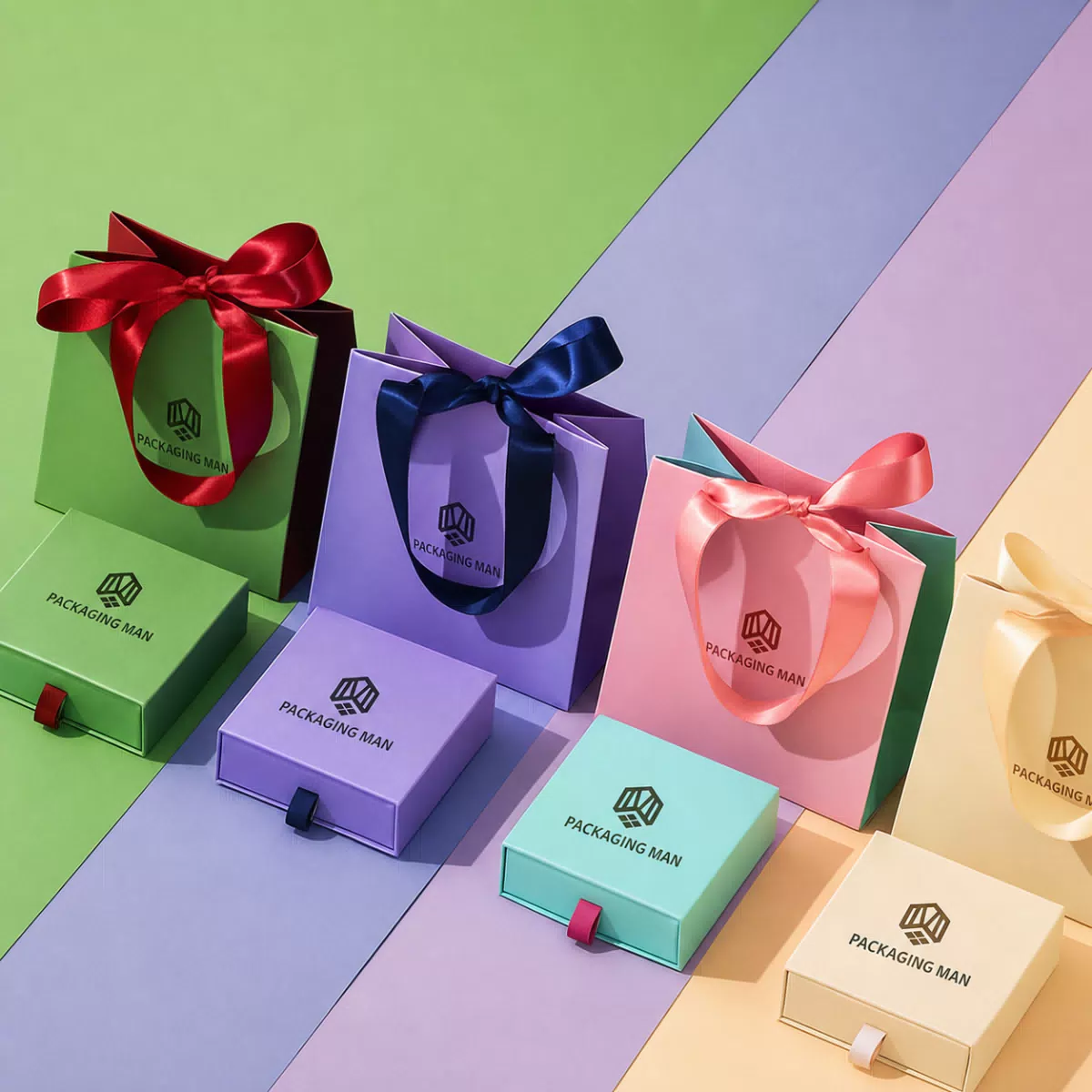 Pastel colored gift boxes with ribbons