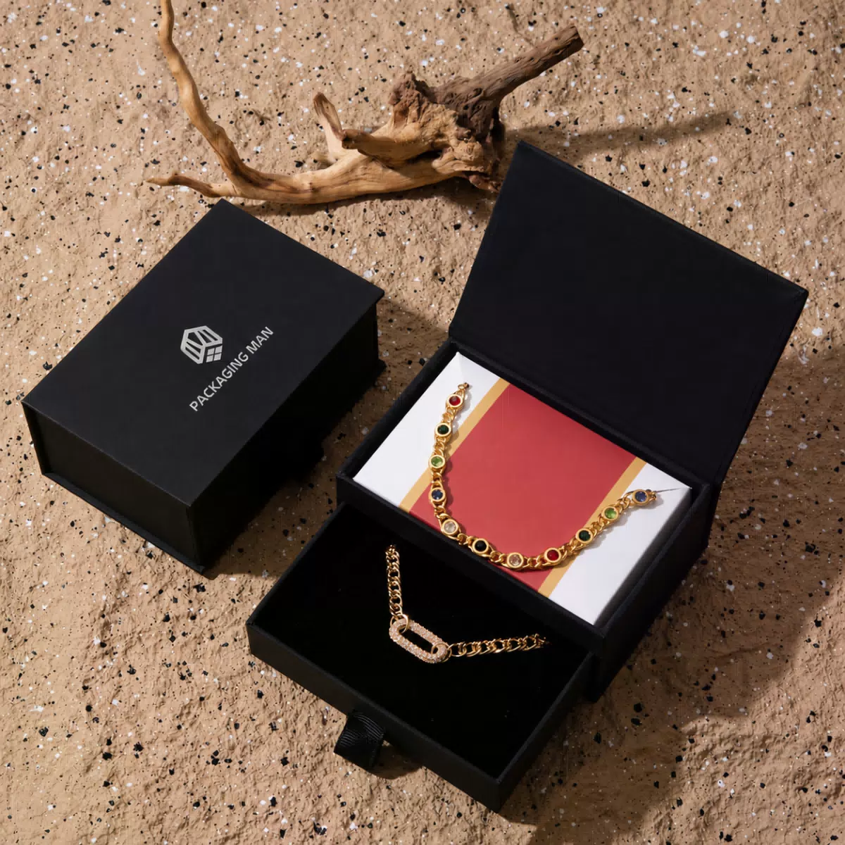 Black drawer gift box with open tray