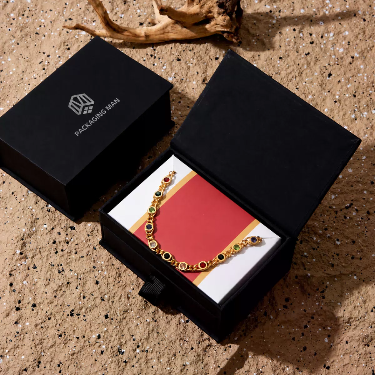 Black rigid drawer box packaging detail