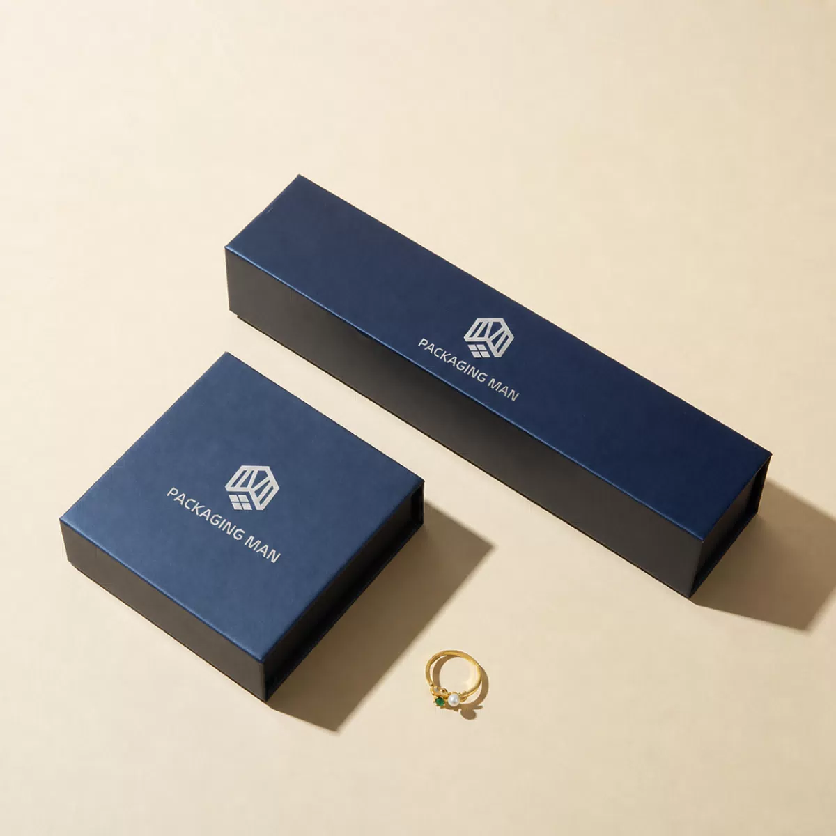 Navy blue rectangular and square packaging boxes
