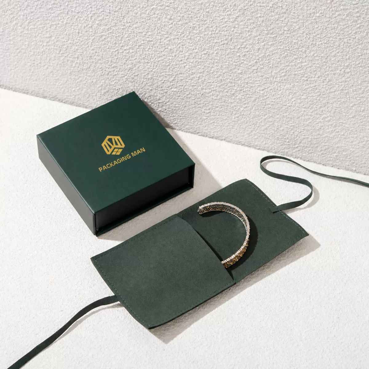 Dark green rigid gift box with pouch