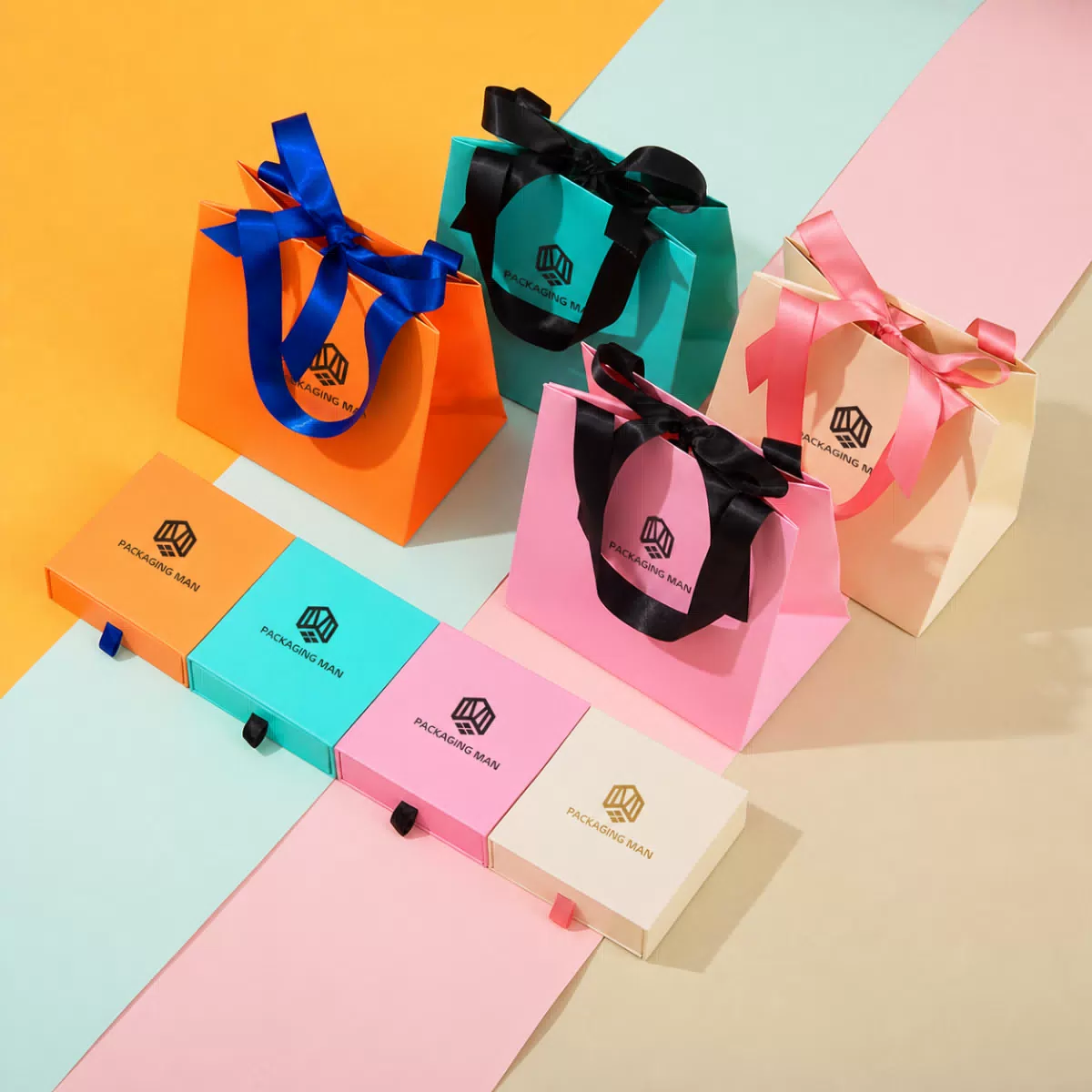 Multi-color drawer boxes and paper bags