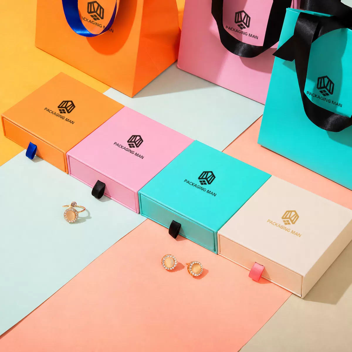 Row of colorful drawer gift boxes