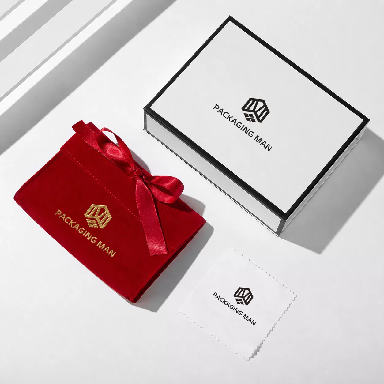 Minimalist Black and White Gift Box with Red and Pink Velvet Pouches
