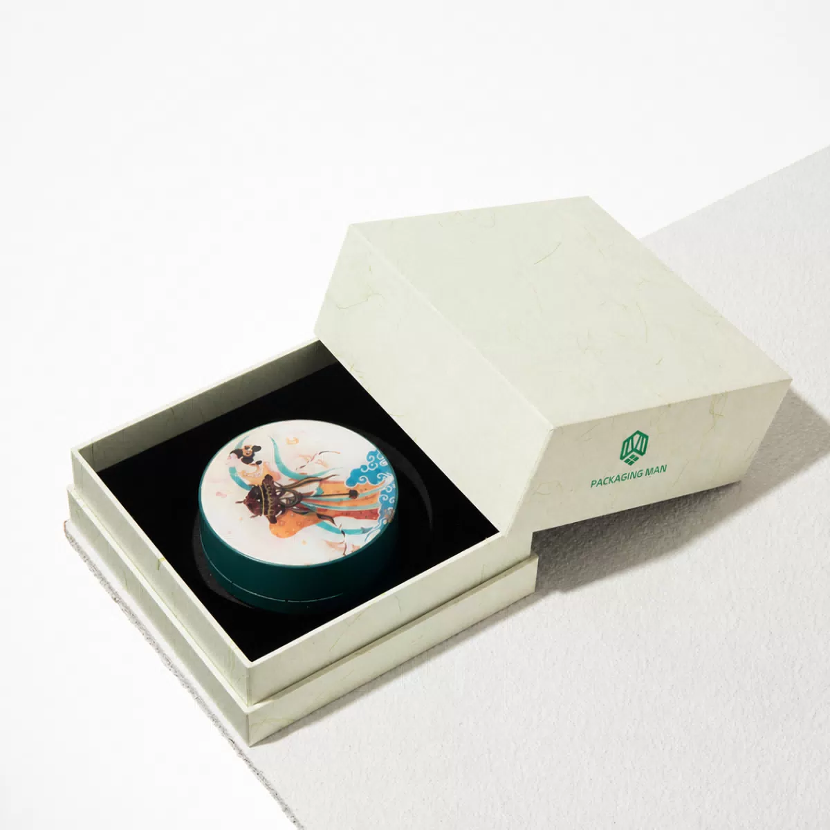 White rigid gift box with open lid and insert