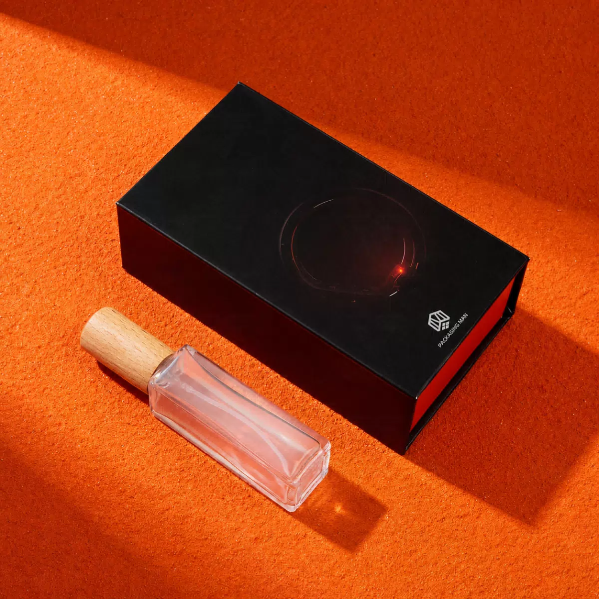 Custom Black and Orange Hinged Perfume Box with Fitted Insert