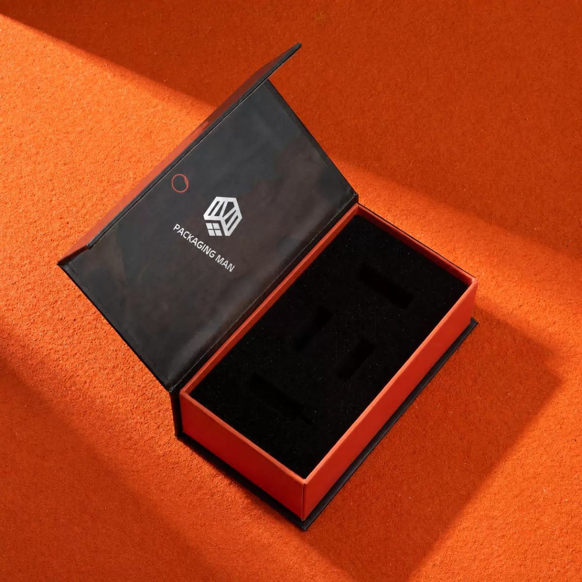 Empty black rigid box with foam insert