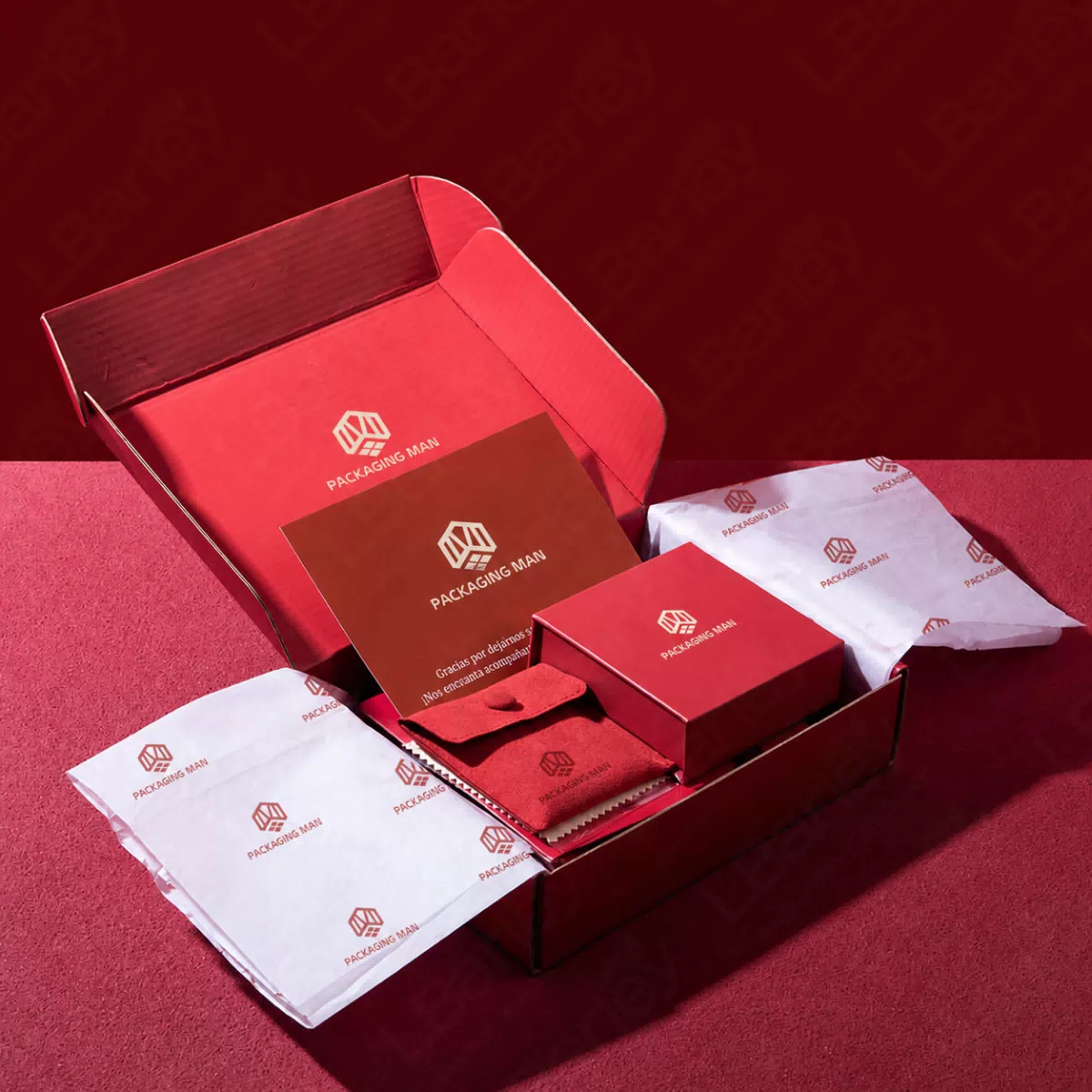 Open red mailer box with inner packaging