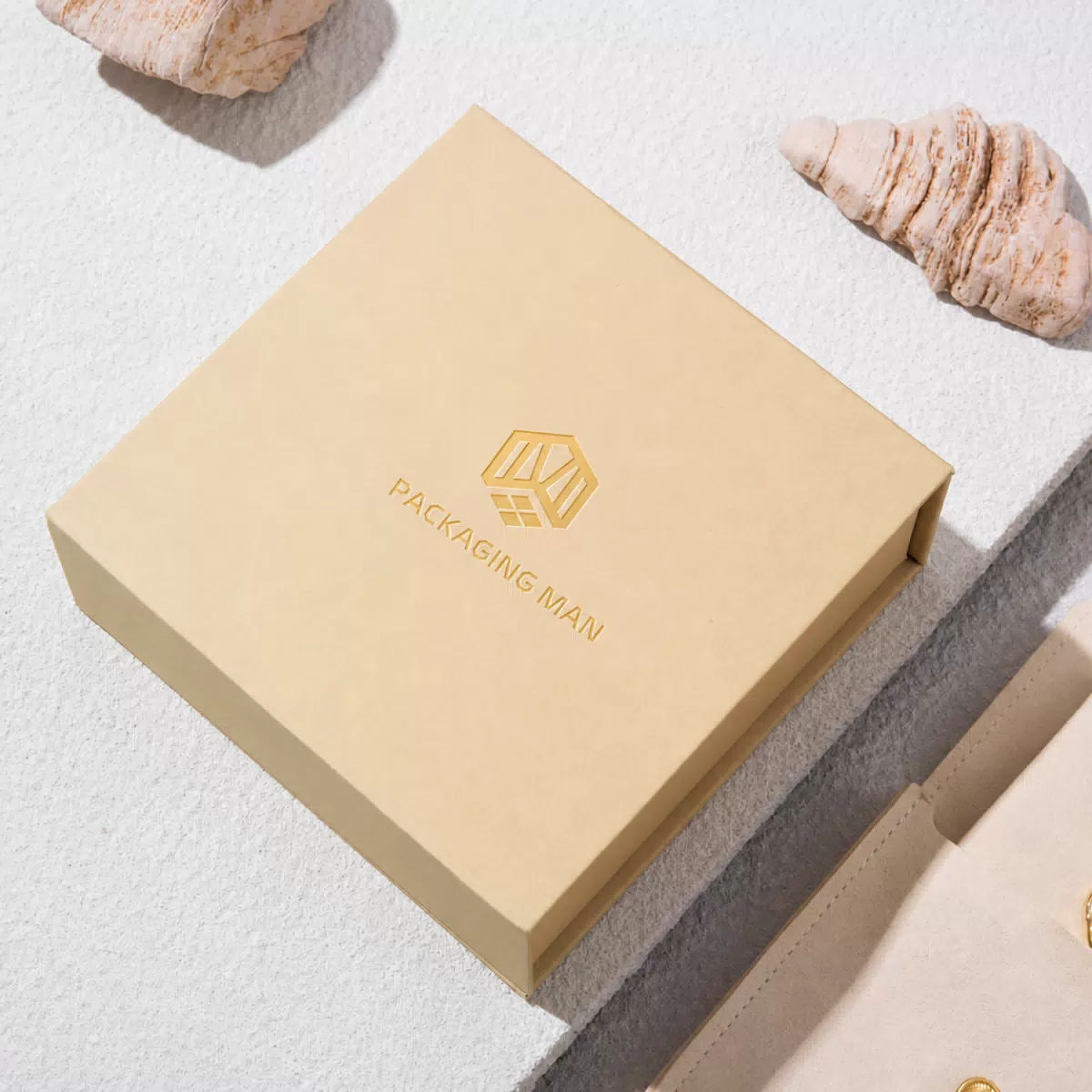 Closed beige rigid gift box top view