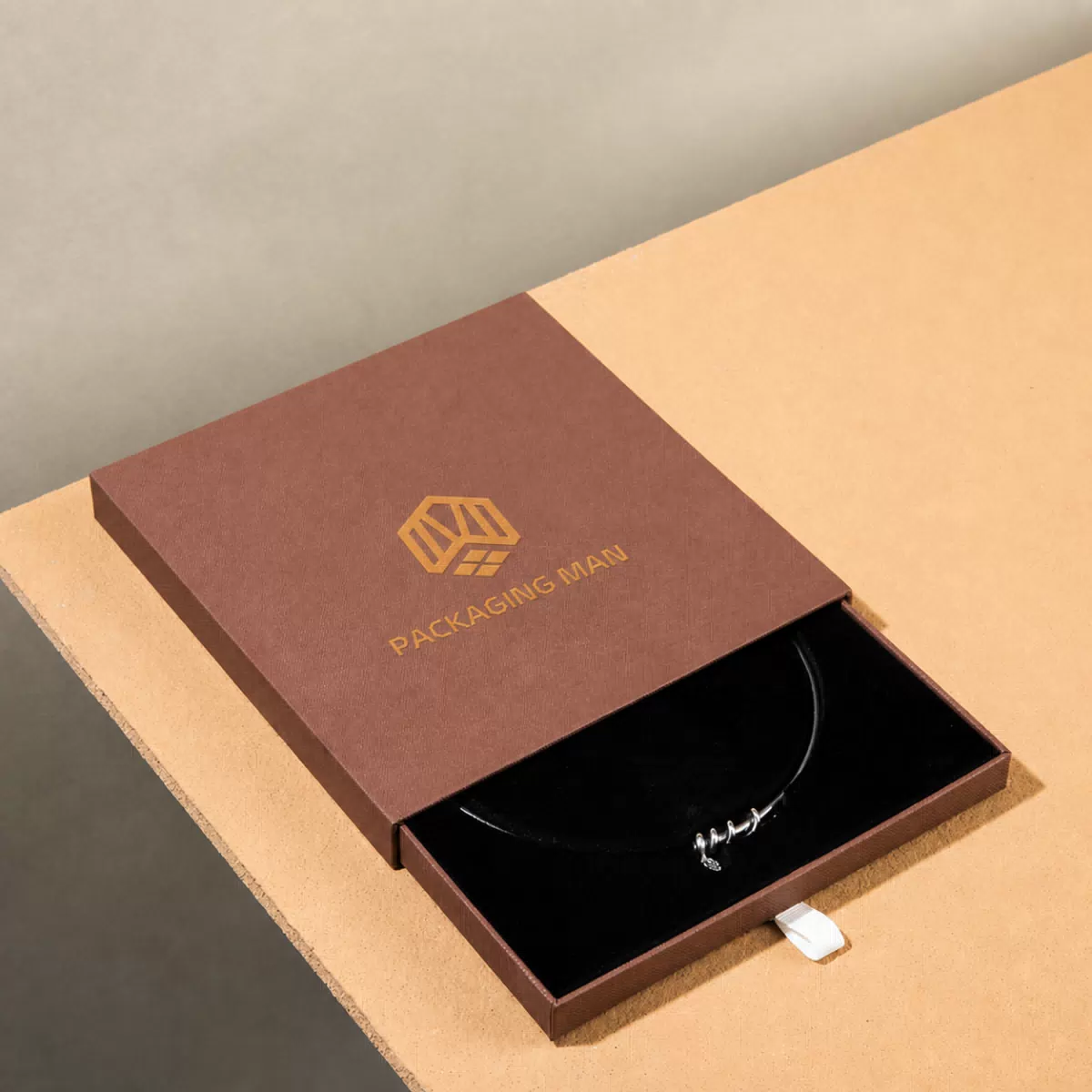Brown sliding drawer box packaging