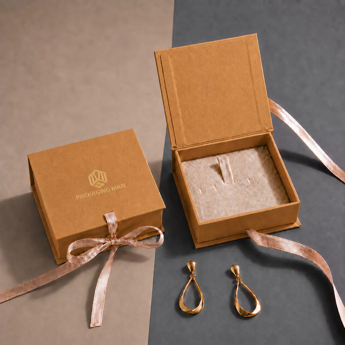 Brown rigid gift box with ribbon