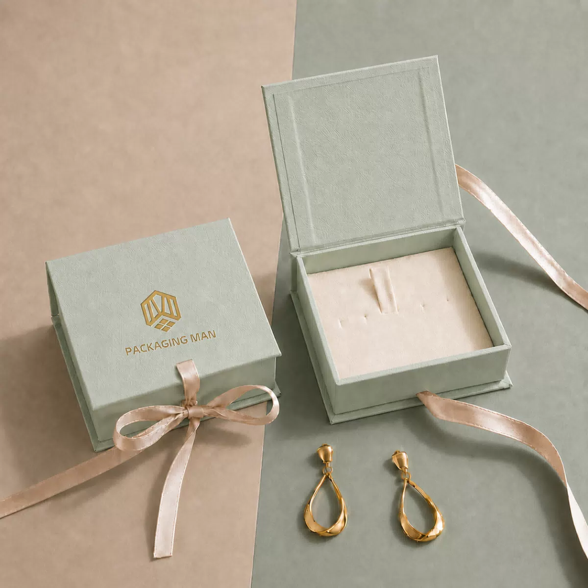 Green rigid gift box with ribbon