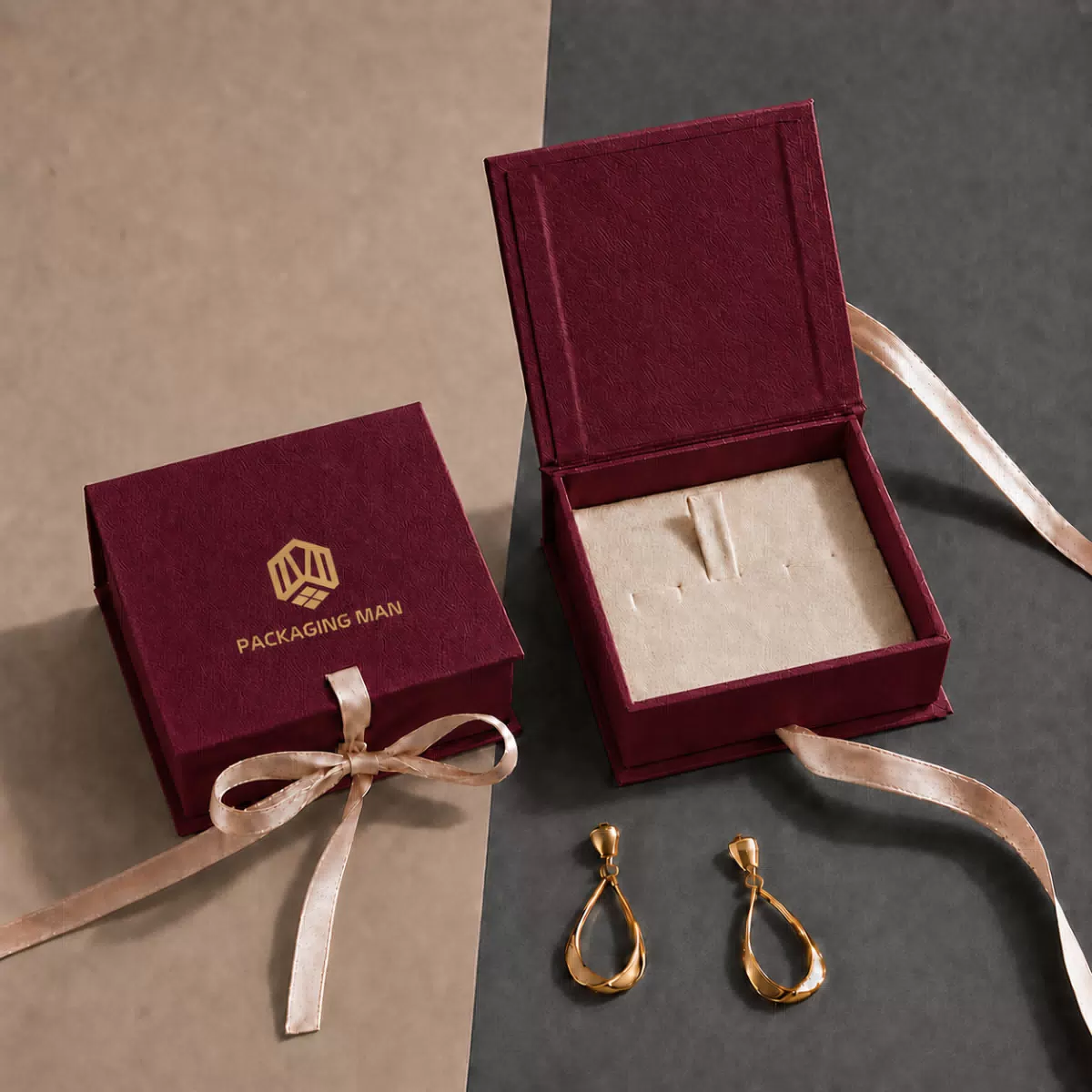 Red rigid gift box with ribbon