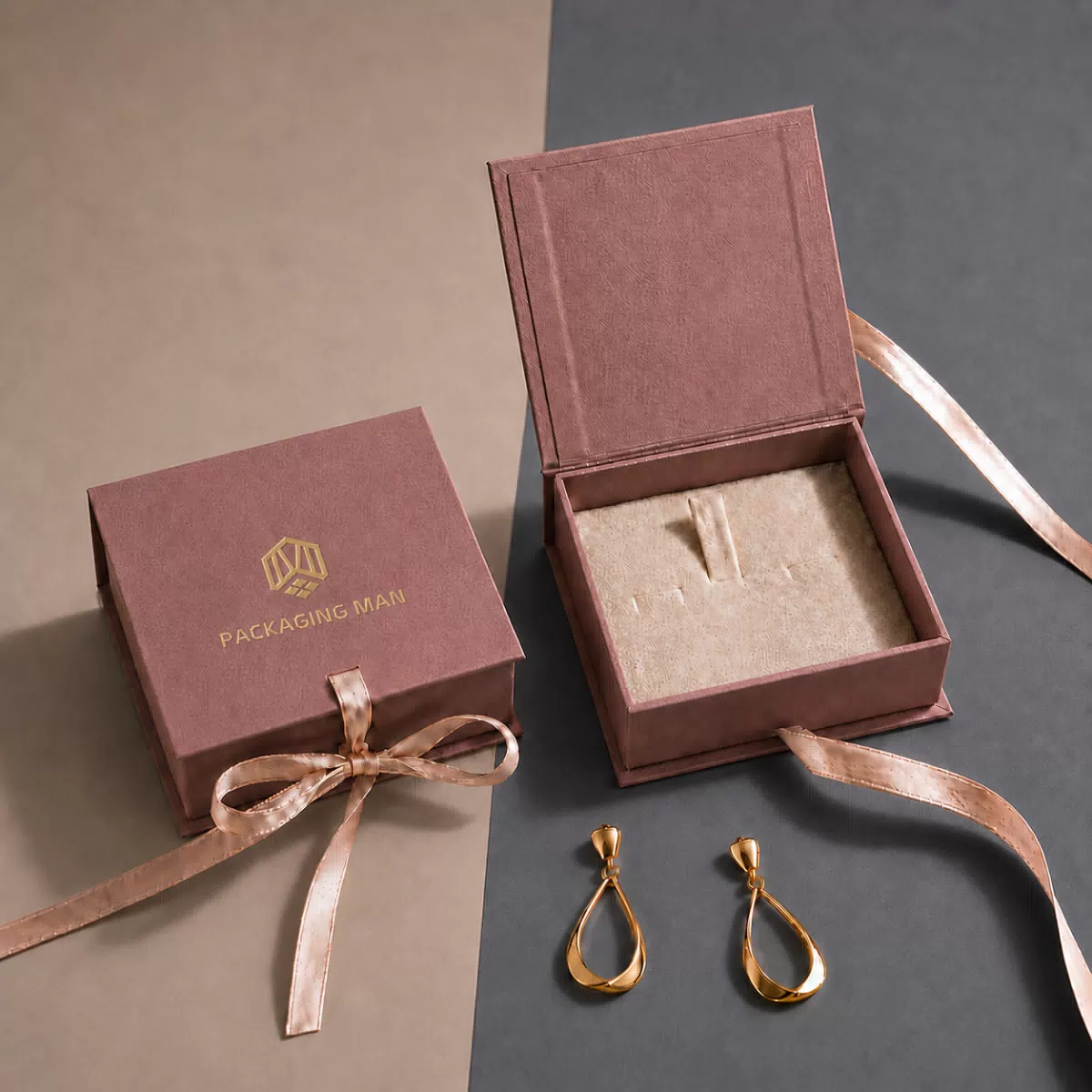 Pink rigid gift box with ribbon