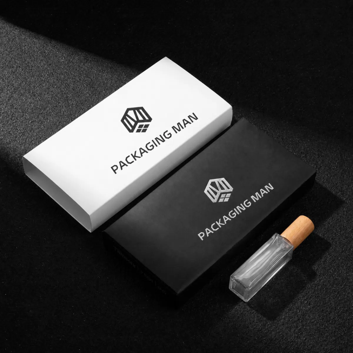 Black and white packaging with glass bottle